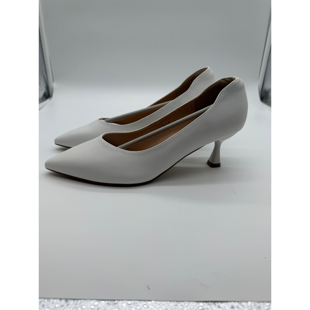 White Pointed Toe Kitten Heel Pumps Flared Stiletto Dress Shoes Womens 8.5